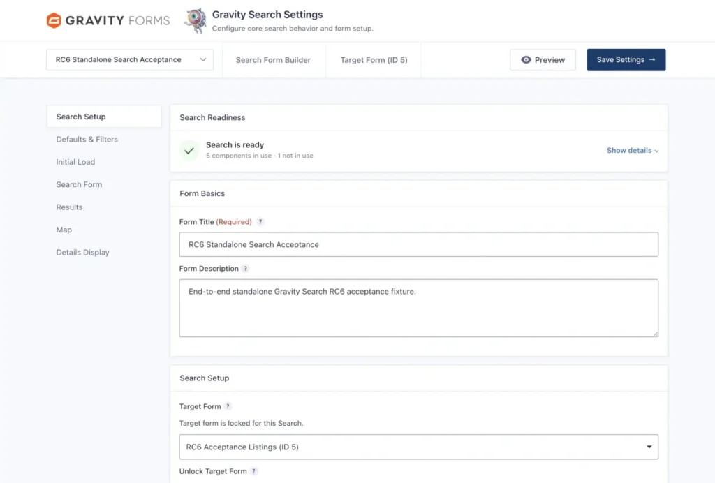 Gravity Search Settings showing the Search Readiness summary and navigation