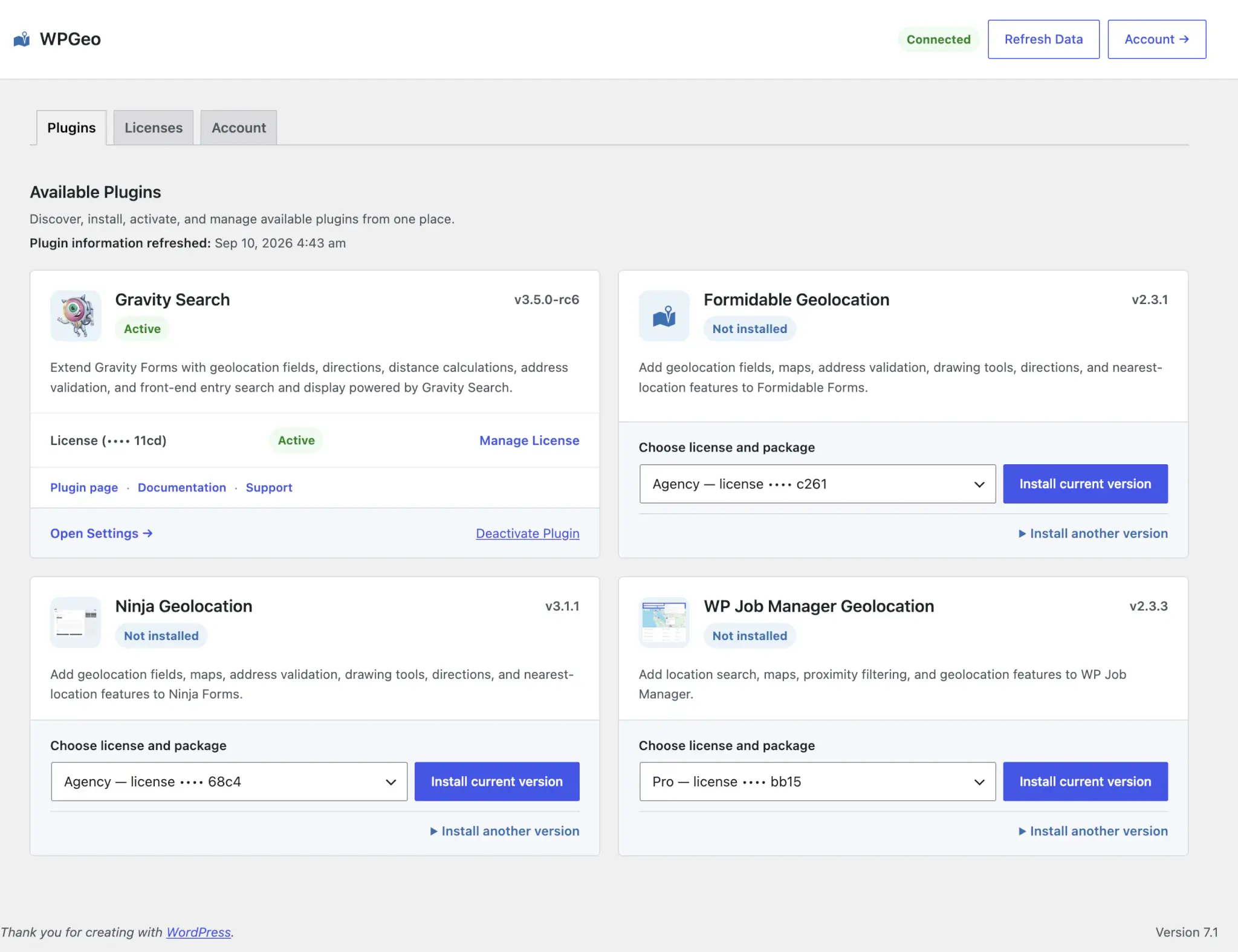 WPGeo Dashboard showing available plugins and account-linked installation options