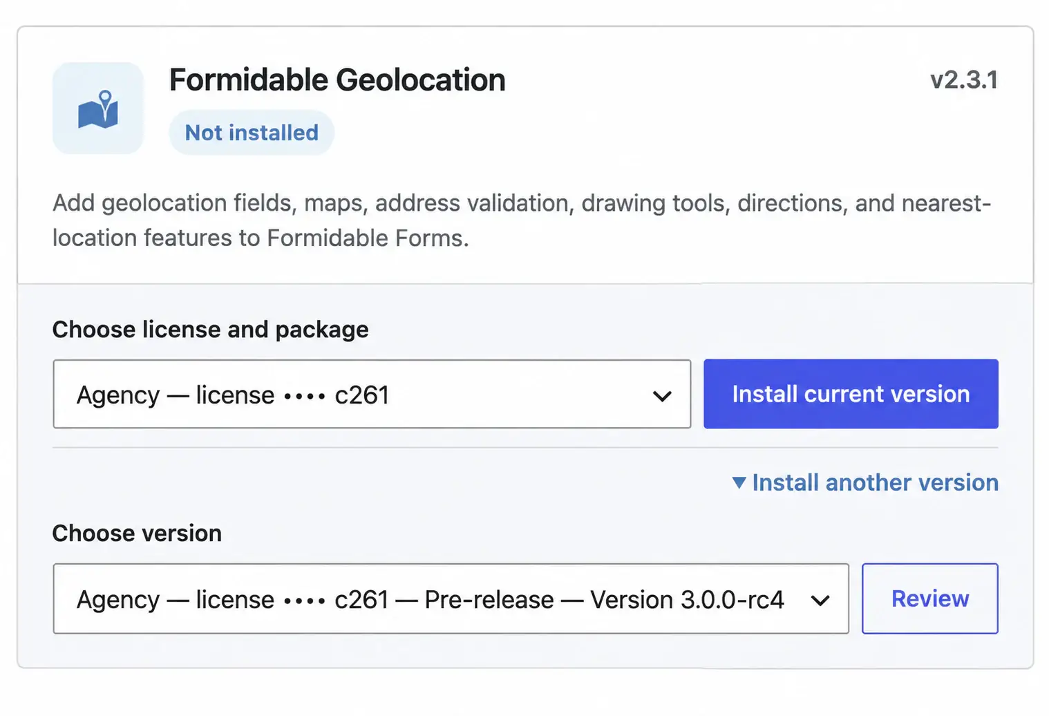 WPGeo Dashboard showing the optional release-candidate selector